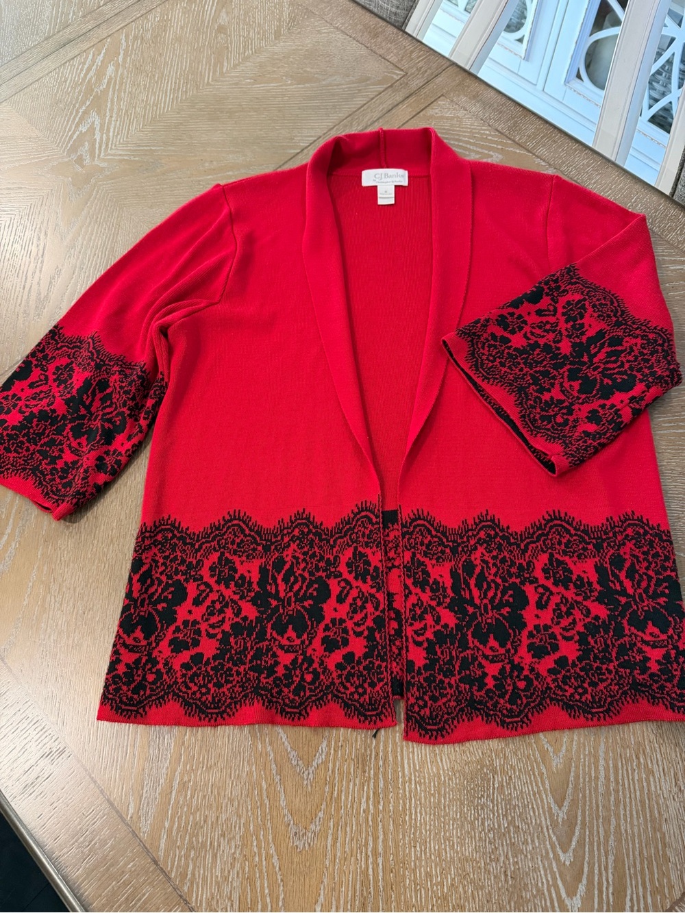 CJ Banks Red Open-Front Cardigan with Black Lace Like Border Size X